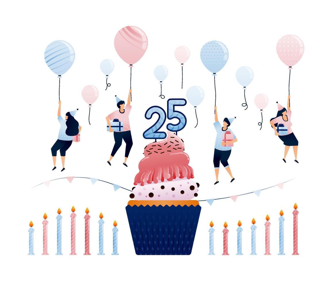 People floating in balloons carrying gift boxes at giant cupcakes for 25th anniversary celebration. Illustrations can be used for invitations, cards, templates, greetings, covers, flyers, postcards vector
