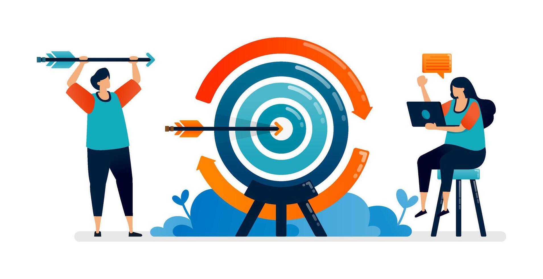 Business illustration of rotating dartboard with a person shooting arrows at the target. Can be used for web, websites, landing pages, apps, posters, flyers vector