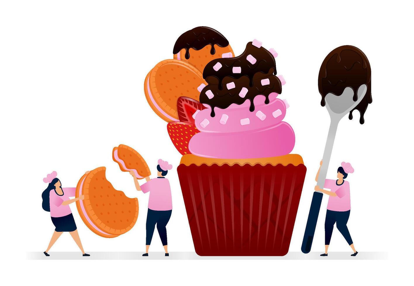 Chef makes muffins with top of rounded marie biscuits coated with melted chocolate and strawberry. Illustrations suitable for print, newspaper, cover, magazine, flyer, brochure vector