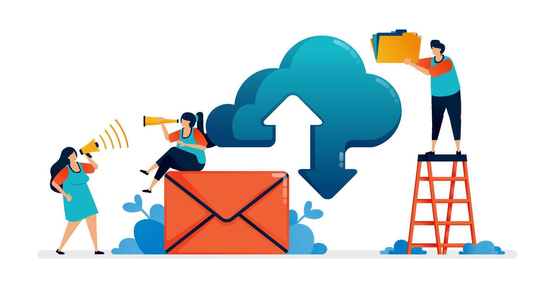illustration of internet download and upload network on cloud system and email services vector