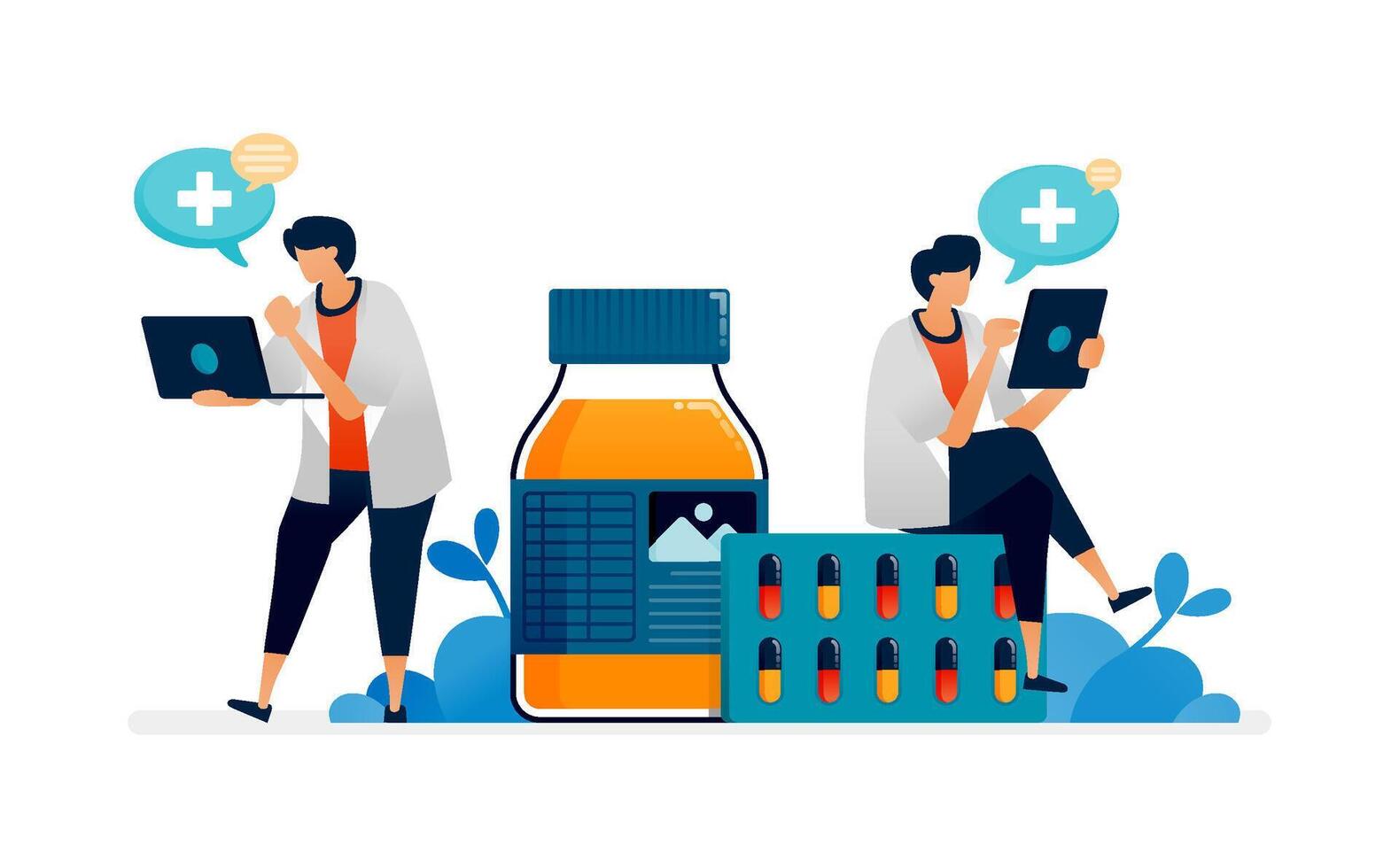 Medical illustration of doctors coordinate and discuss to determine drug prescriptions for patients. Can be used for covers, banners, ads flyers, posters for hospitals and clinics vector