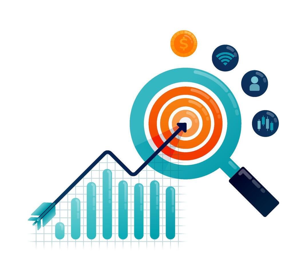 Business illustration of arrow chart increases to hit the aim in achieving financial targets. Can be used for poster, template, banner, cover, flyer, brochure vector