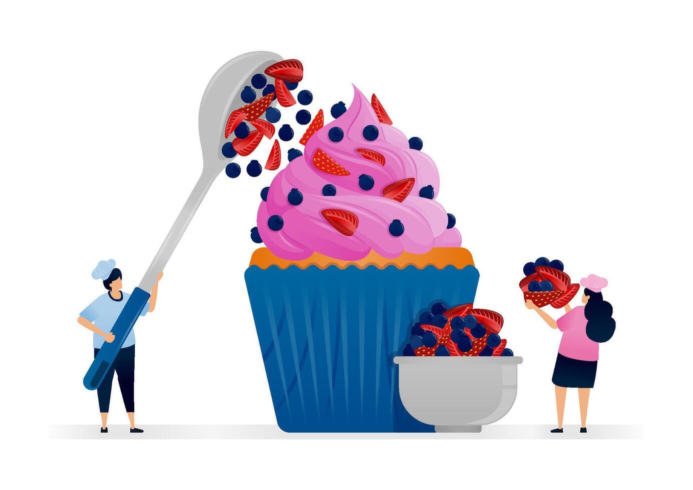Pastry chef makes cupcakes with pink cream topping and blueberries mixed with strawberry pieces. Illustrations suitable for print, newspaper, cover, magazine, flyer, brochure vector