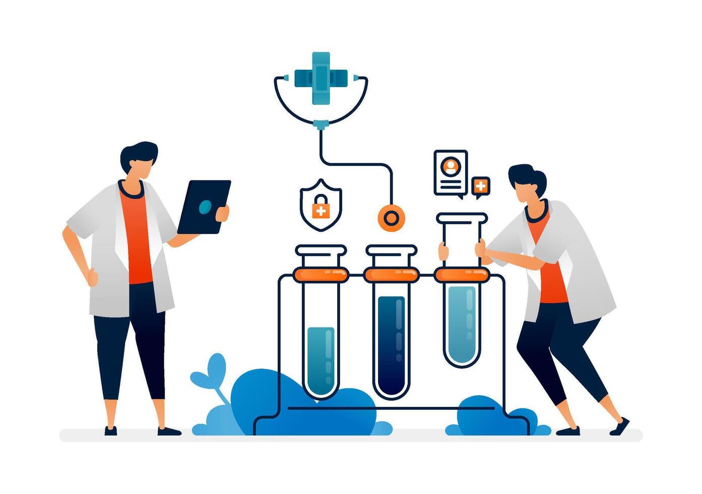 Healthcare illustration of doctors review and research new types of drugs with tech based medicine. Can be used for covers, banners, ads flyers, posters for hospitals and clinics vector