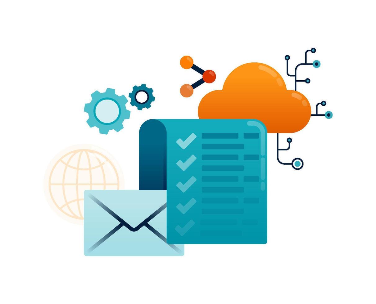 Business illustration of checklists and tasks digitalized by internet such as cloud and email. Can be used for landing pages, websites, mobile apps, posters, flyers vector
