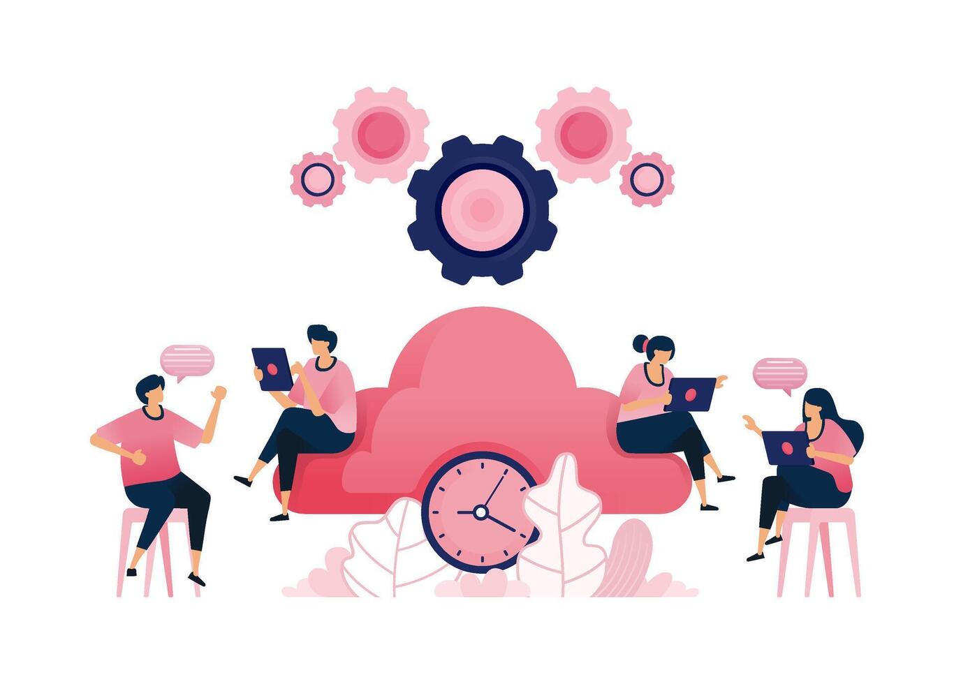 Illustration of cloud computing mechanisms with time management. Can be used for brochures, mobile startups, ads, flyers vector