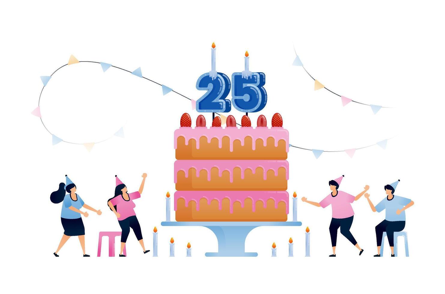 People birthdays parties with candle shaped like number 25 on top of triple layered strawberry cake. Illustrations can be used for invitations, cards, templates, greetings, covers, flyers, postcards vector
