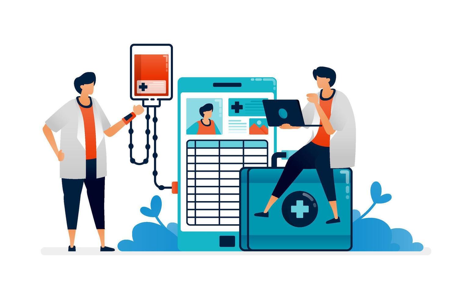 Medical illustration of doctor checks the patient's health history with a health application. Can be used as homepage banner ads for healthcare facilities, posters, brochures vector