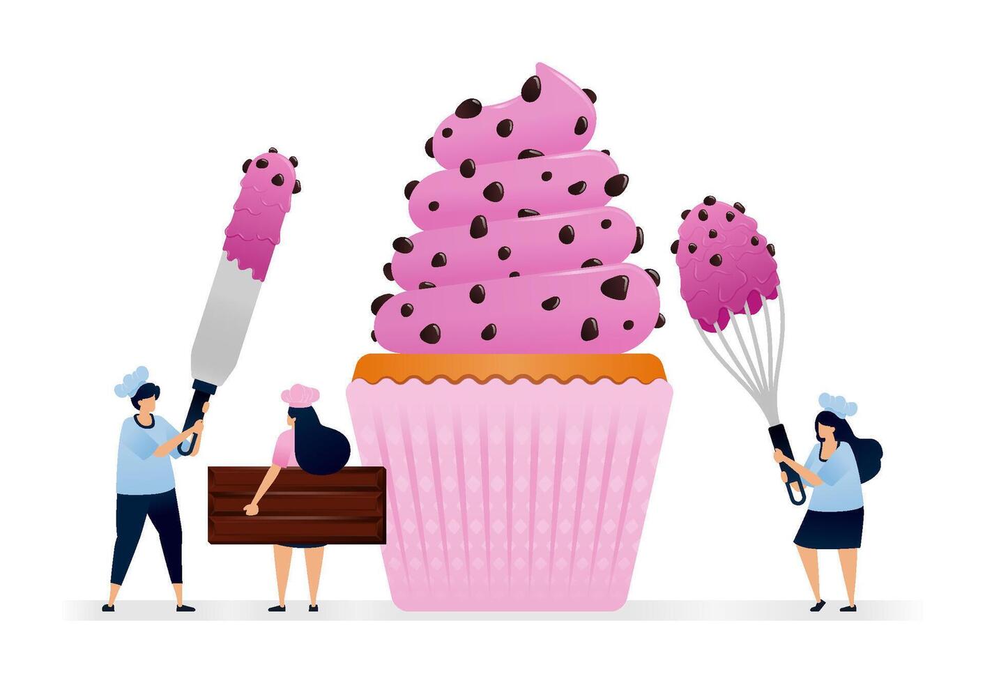Pastry chef makes cupcakes with pink strawberry icing and coated with dark chocolate chunks. Illustrations suitable for print, newspaper, cover, magazine, flyer, brochure vector