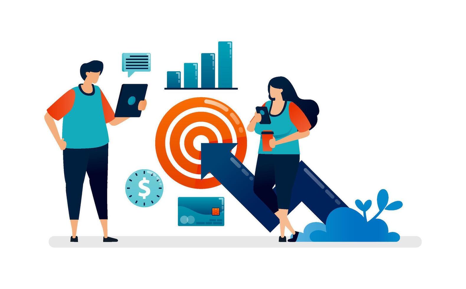 Business illustration of determine targets and achievements in investment and financial decisions. Can be used for web, websites, landing pages, apps, posters, flyers vector