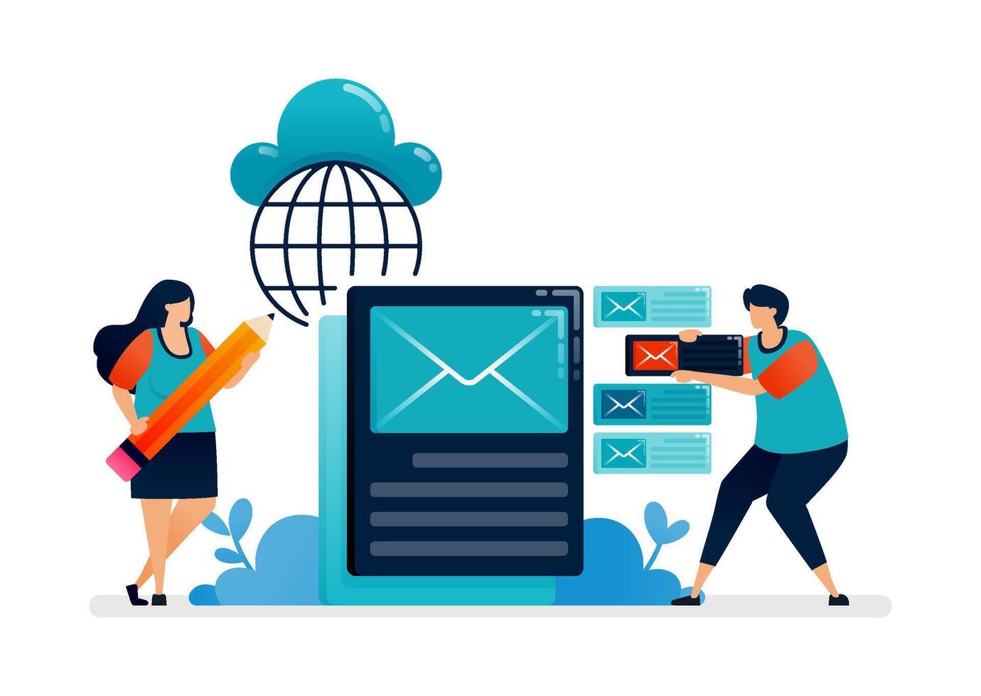 Business illustration of metaphor of replying and organizing corporate emails for work efficiency. Can be used for seamless office template, homepage, landing page, proster ads vector