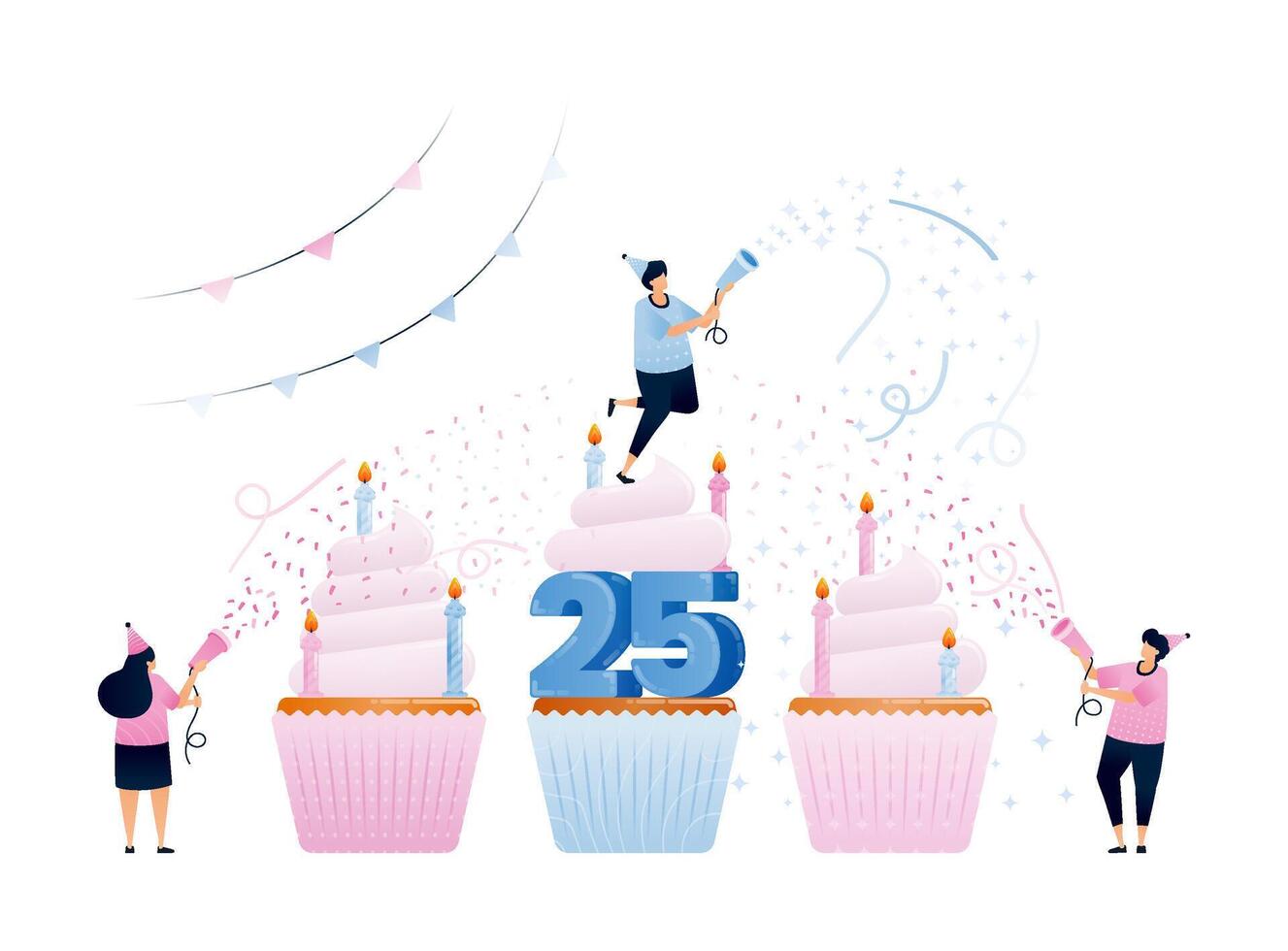 Party people blow confetti between three cupcakes for a 25th anniversary event. Illustrations can be used for invitations, cards, templates, greetings, weddings, covers, flyers, postcards vector