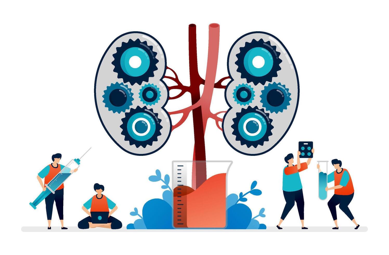 illustration design for kidney disease and treatment. mechanisms in the kidney for laboratory research and education vector