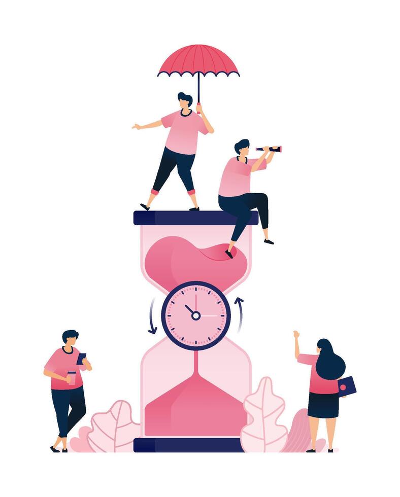 Illustration of people moving around a clock bound by an hourglass for a countdown metaphor. Can be used for banking and financial sector, ads, promotion vector