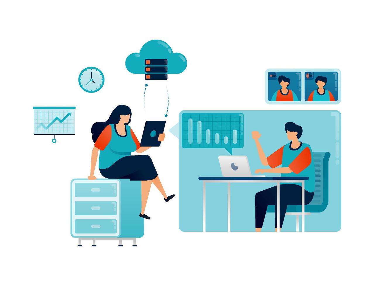 Workspace illustration of casual office meeting digitalized with cloud for work from anyware metaphor. Can be used for landing pages, websites, mobile apps, posters, flyers vector