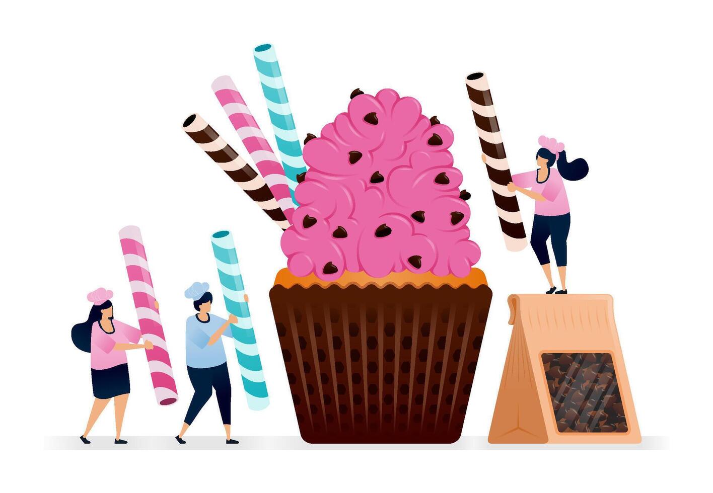 Pastry chef makes cupcakes with full bag of chocolate chips topping and colorful straw wafer. Illustrations can be used for pastry stores, restaurant flyers, birthday banners vector