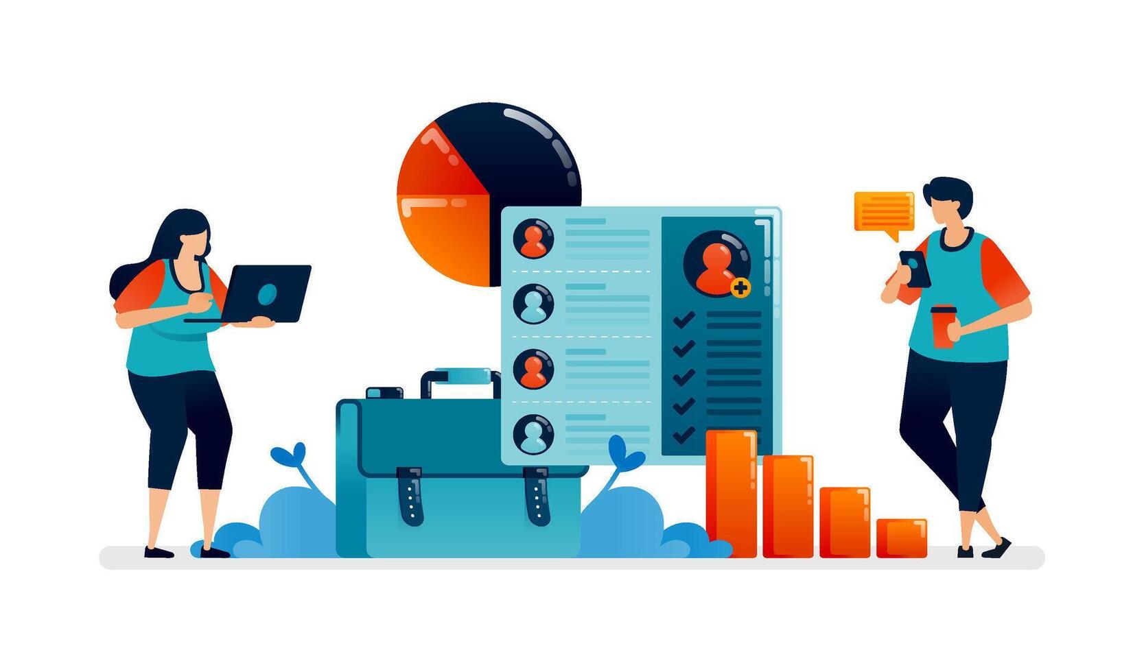 Business illustration of reviewing corporate office employee performance check in pie chart data. Can be used for banner of banking, financial firm, office, investment institution vector