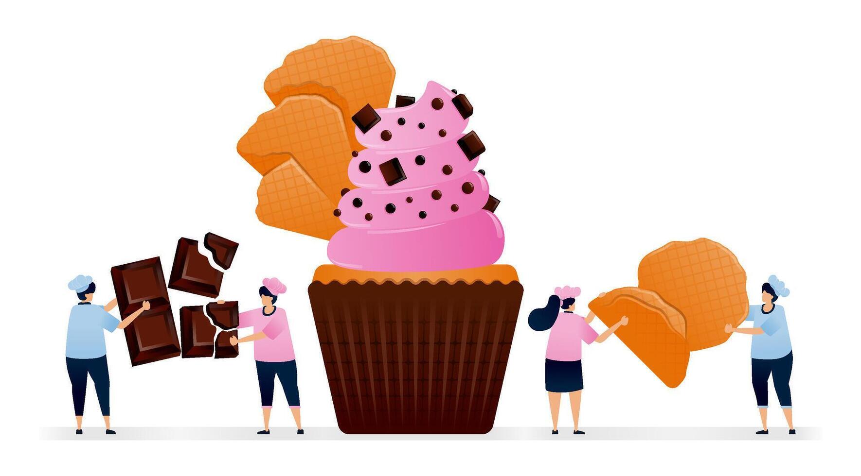 Chef makes muffins with topping of chunk chocolate and large pieces of flat crispy cone wafer. Illustrations can be used for cookbook covers, banners, flyer, ads vector