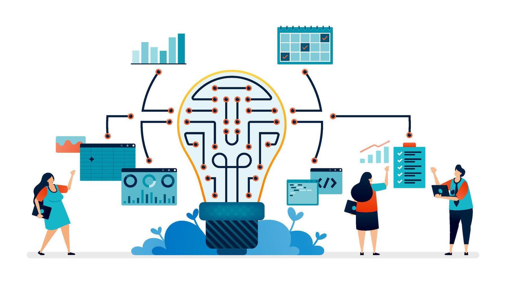 illustration of network ideas with effective machine learning in data analysis vector