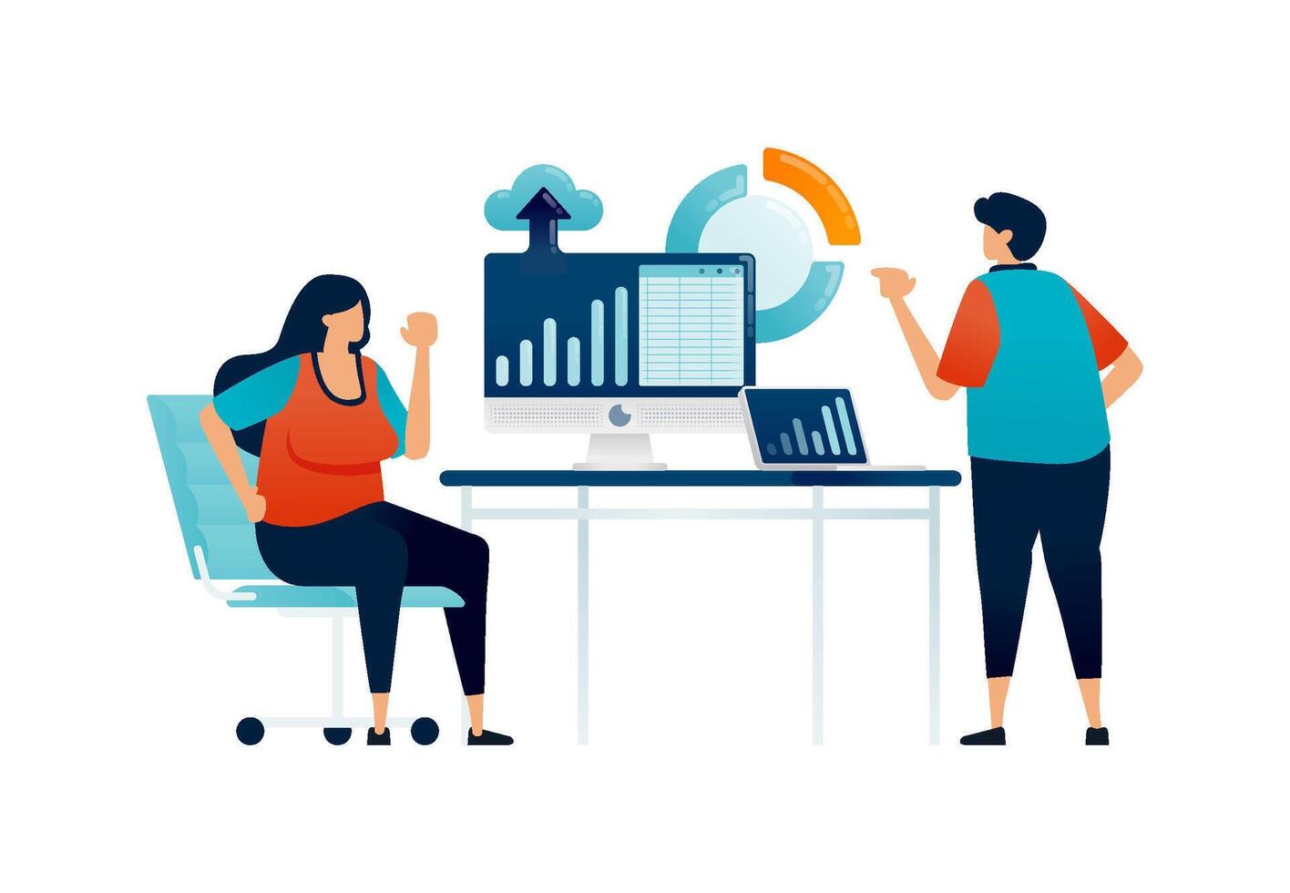 Workspace illustration of employees are reviewing companies reports charts and uploading to cloud. Can be used for landing web, promotion, ads, websites, apps, poster vector