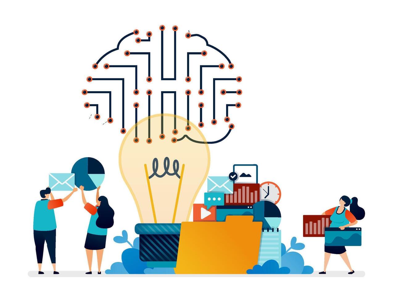 illustration of artificial intelligence ideas in the effectiveness of managing document files and data in database folders vector