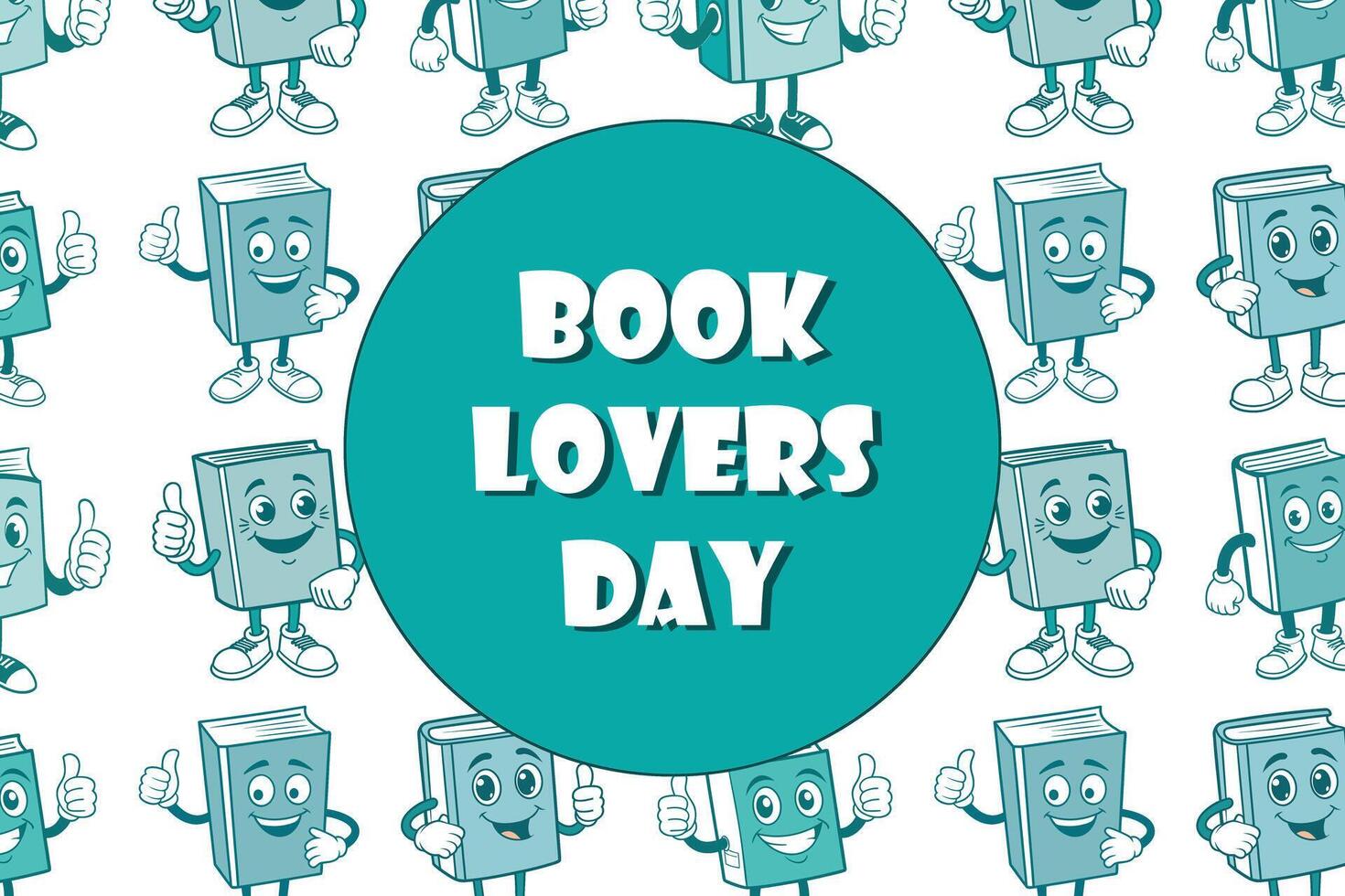 Book Lovers Day celebration poster with smiling book characters. Features vibrant teal and white colors, for web design and educational materials. Includes prominent text Book Lovers Day in the center vector