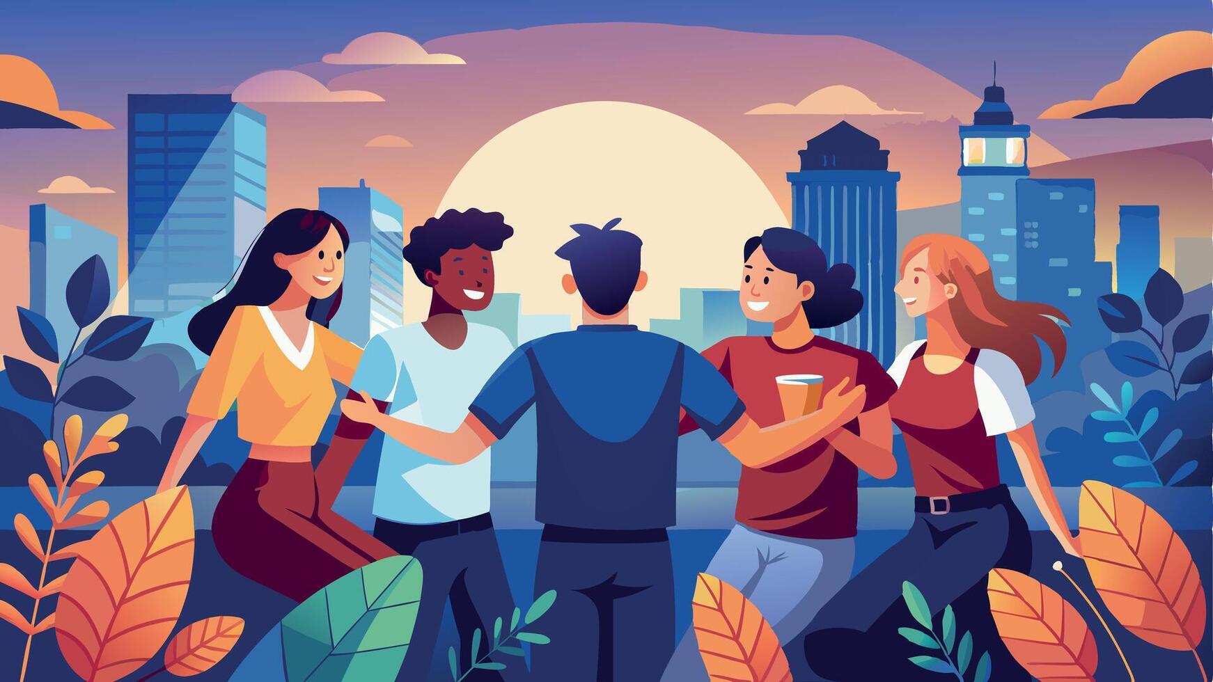 Group of friends gathered in a city park during sunset. Warm colors and modern flat design vector