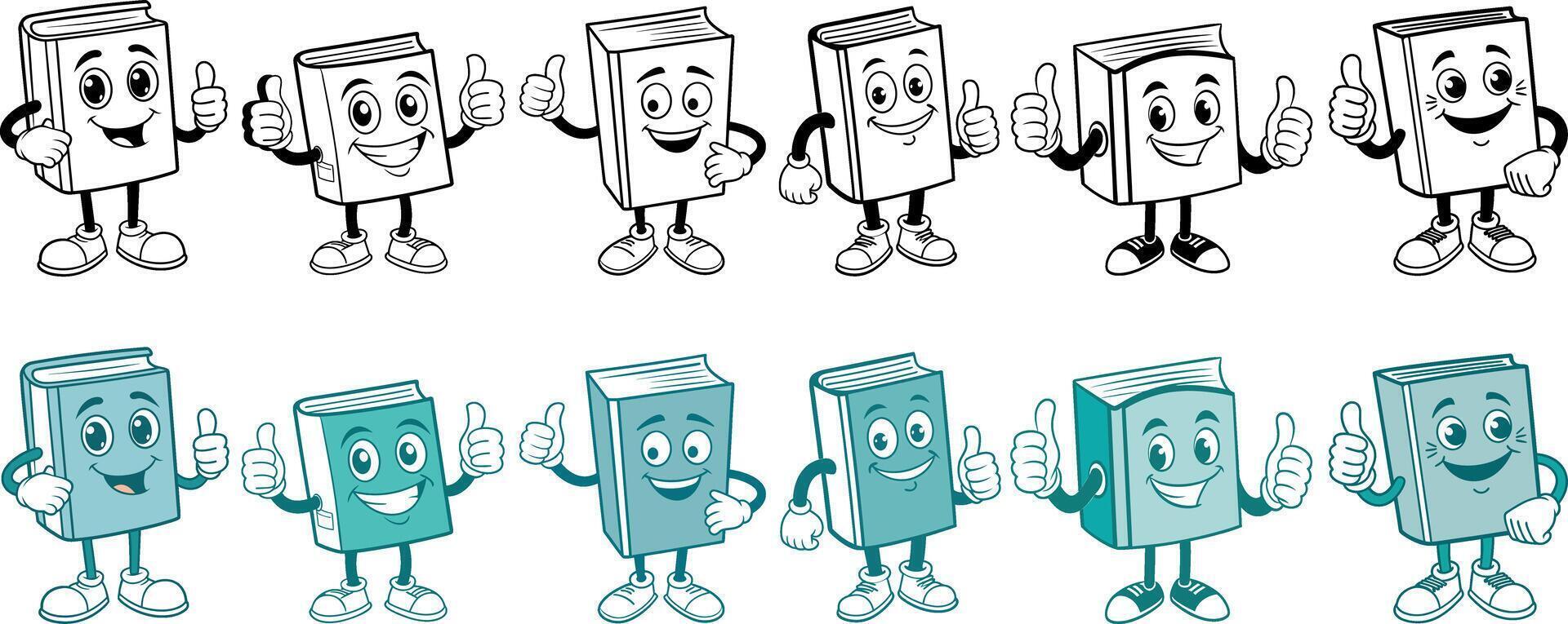 Set of book characters in various poses, some in black and white and others in teal. Great for educational materials, stickers, and web icons. Clean and friendly design with bold outlines vector