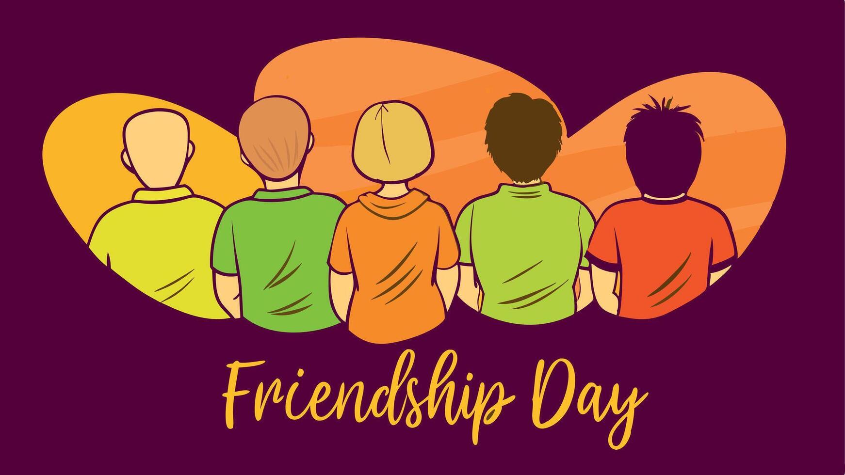 Back view of friends with colorful backgrounds and Friendship Day text. Warm and vibrant colors. vector