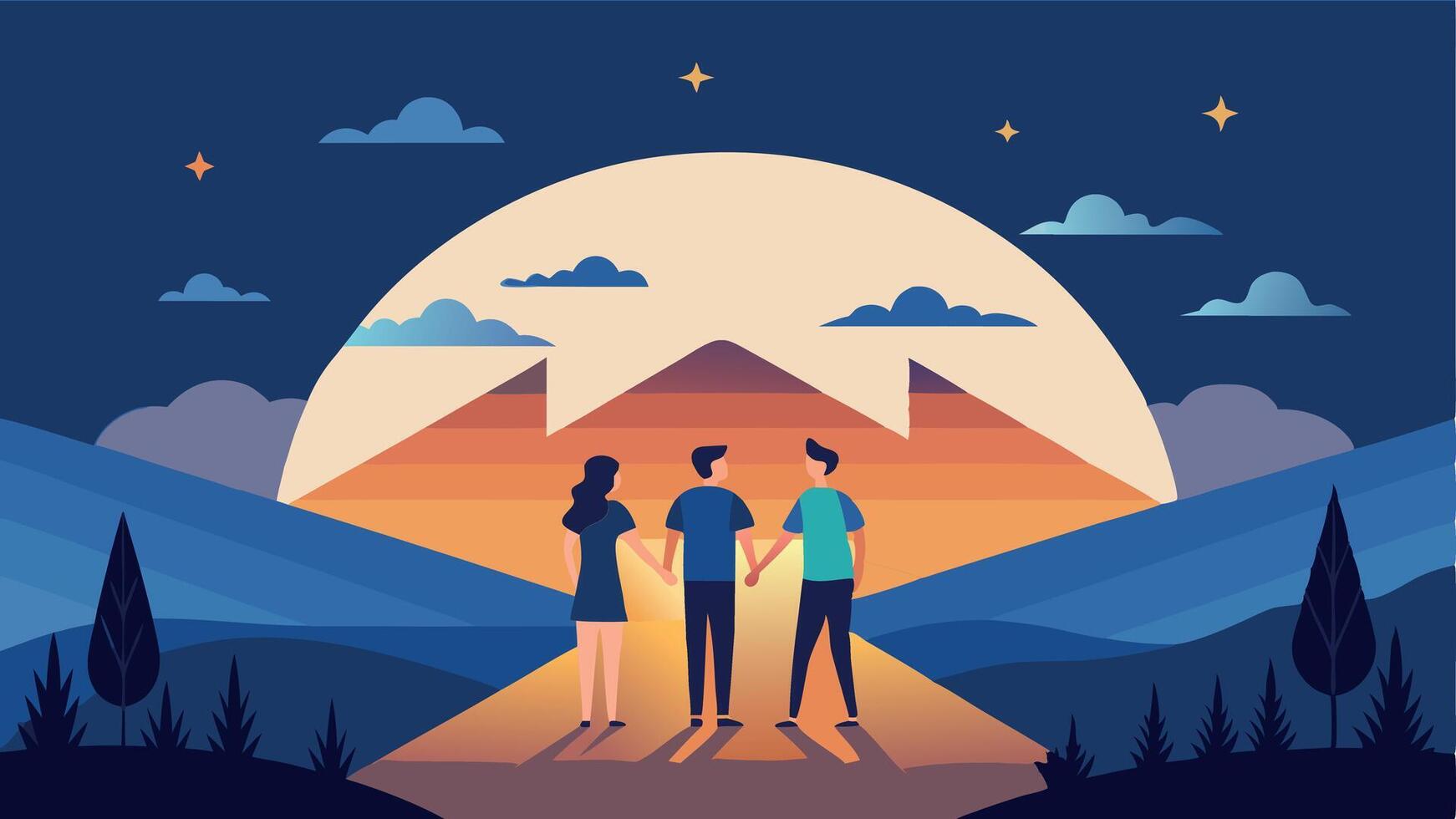 Flat illustration of three people walking towards a scenic sunset. Minimalistic design with strong color contrast. vector