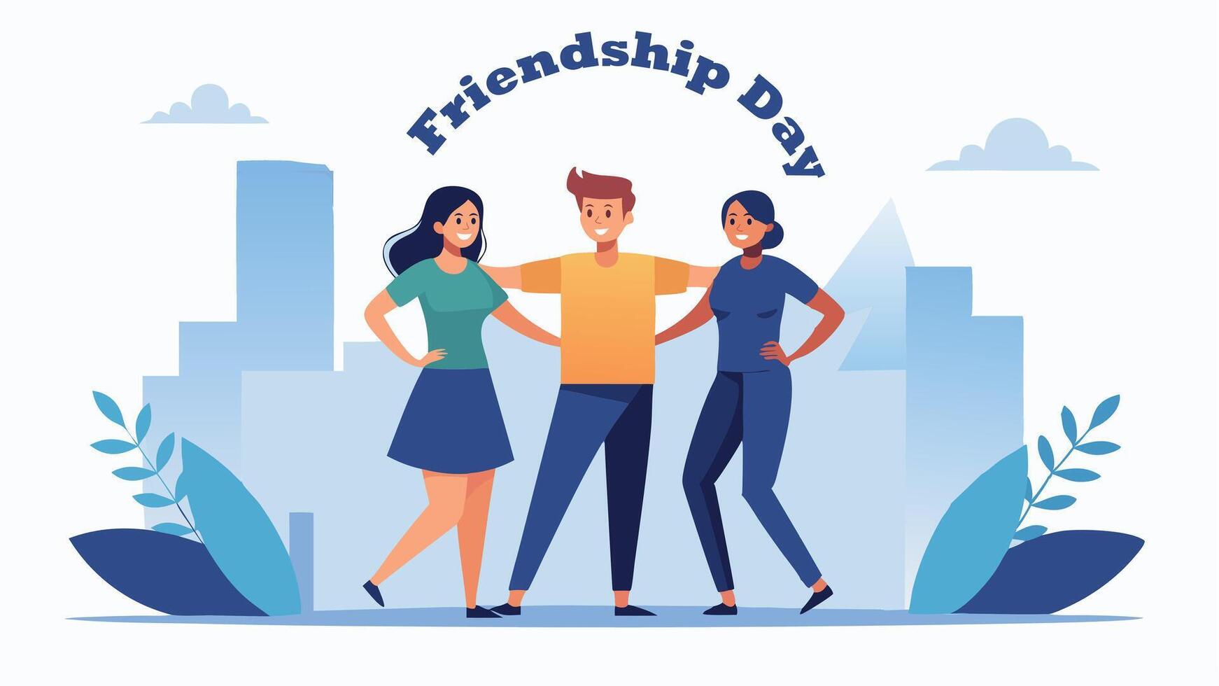Cartoon three friends celebrating Friendship Day. Clean design with pastel colors and urban elements, flat style vector