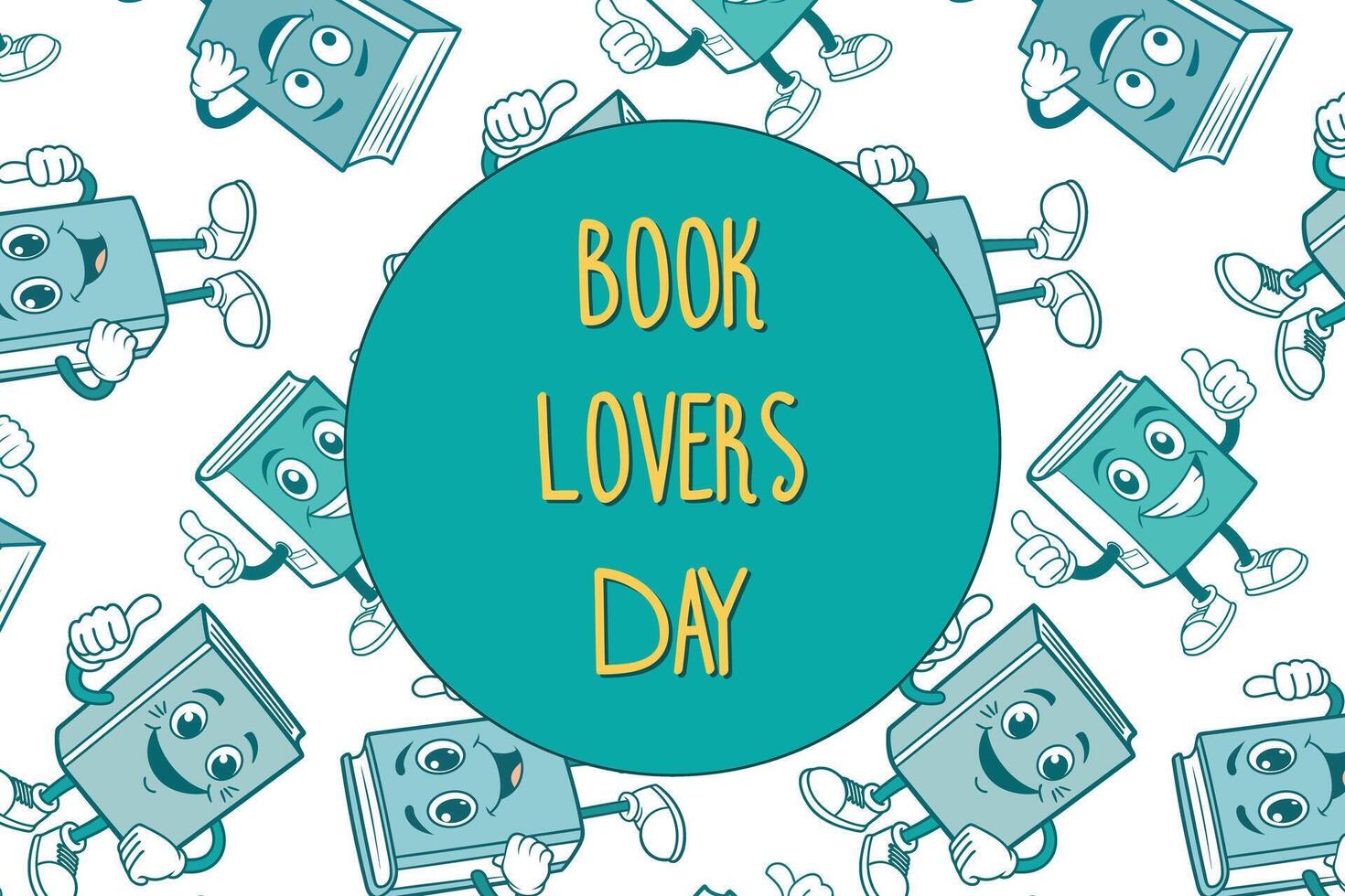 Book Lovers Day graphic with enthusiastic book characters, playful typography in teal and yellow, for children's educational content and celebration announcements, lively and colorful design vector