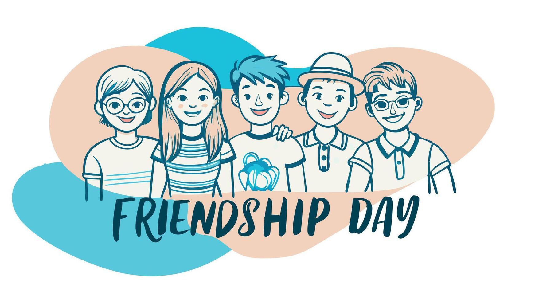 Cartoon friends standing together, celebrating Friendship Day. Cool and warm tones in the background. vector