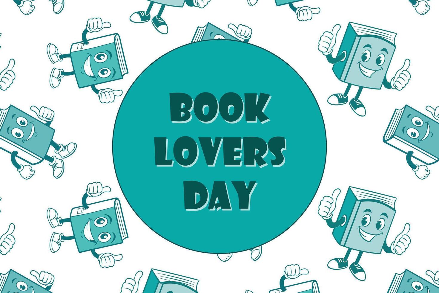 Happy book mascots surrounding Book Lovers Day text in a dynamic, repeating pattern, for web backgrounds and educational posters. Features a clean and consistent teal color scheme vector