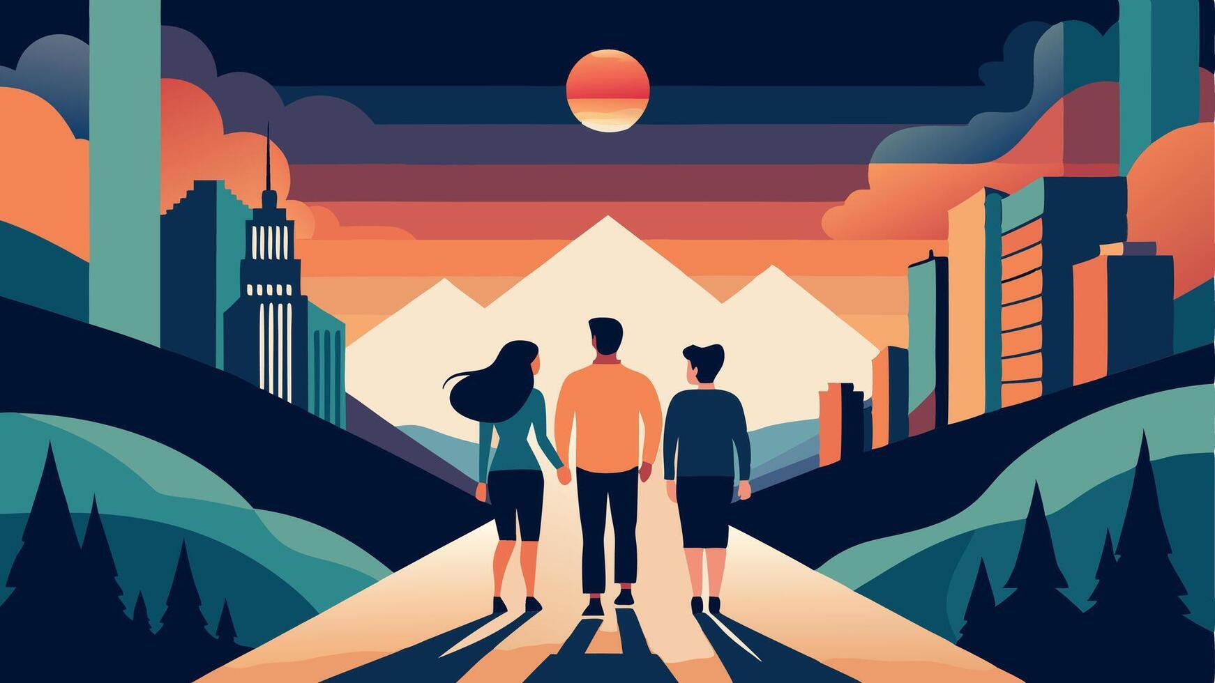 Silhouette of three people against a vibrant city sunset. Modern flat illustration style. Dark blues, oranges, and teal colors. vector
