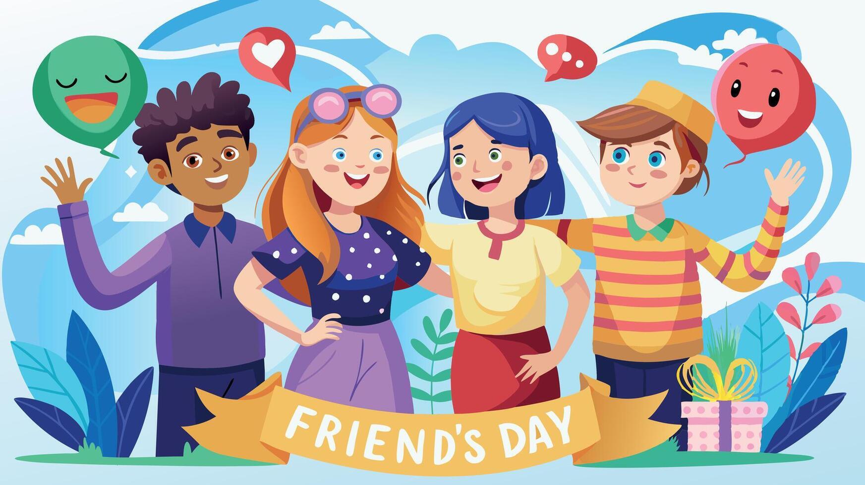 Friend's Day illustration of four friends with happy expressions. Blue sky and colorful balloons vector