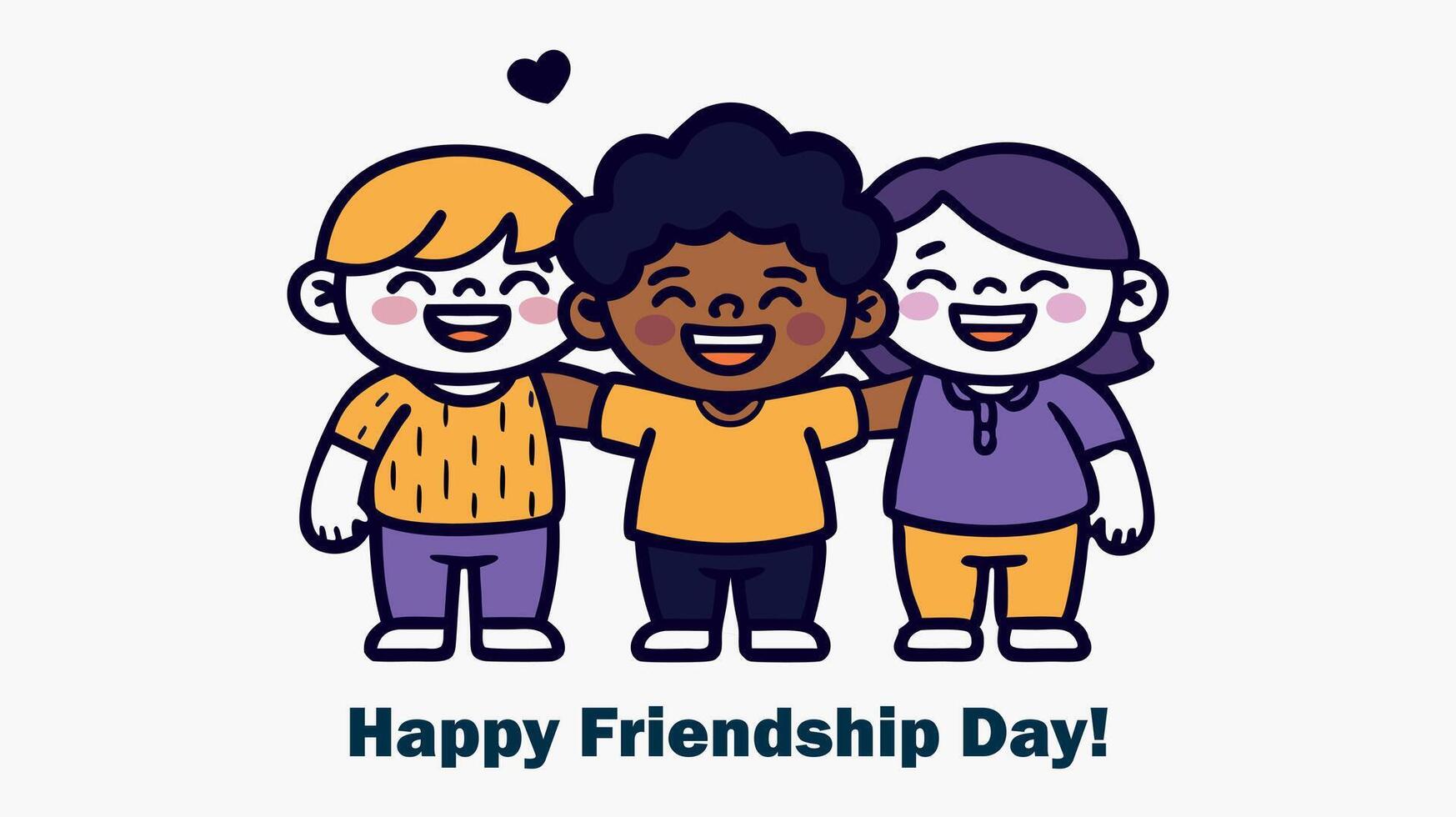 Happy children celebrating Friendship Day. Text 'Happy Friendship Day'. Bright colors purple, yellow, orange vector