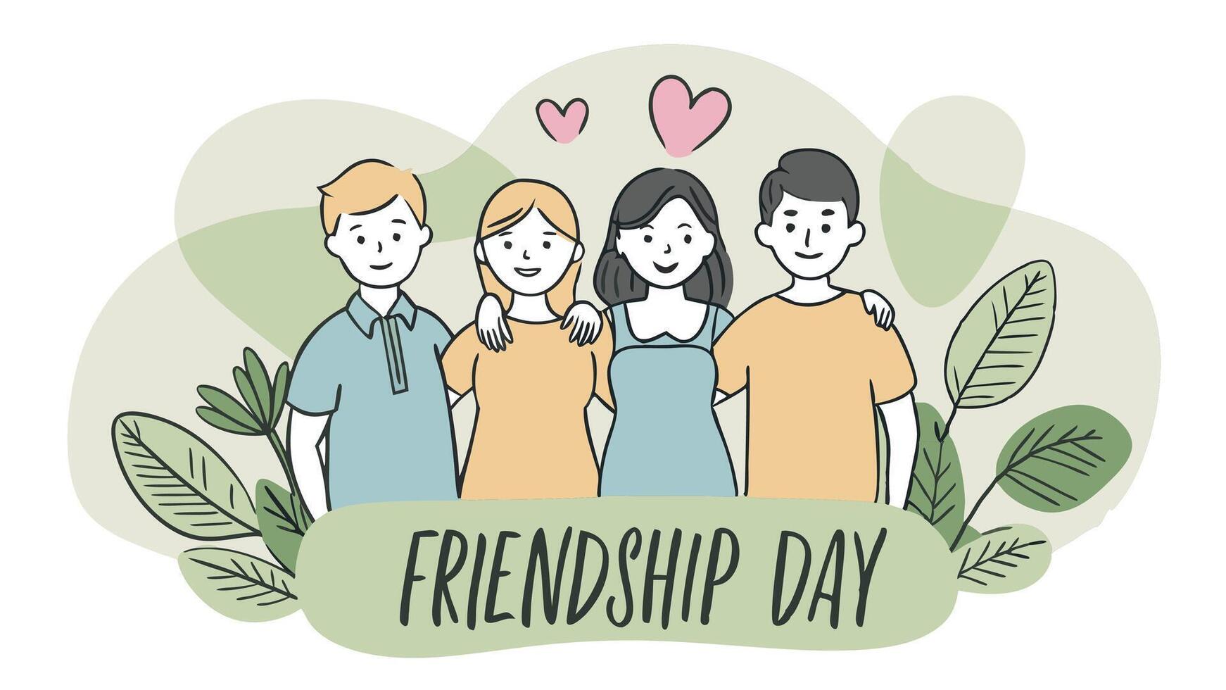 Minimalist illustration with friends and plants. Friendship Day text in green on a beige background vector