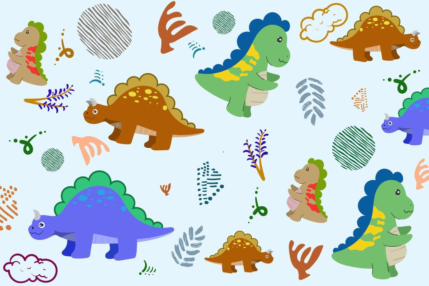 Hand drawn Random pattern with dinosaurs and abstract shapes. Colorful Cute Dino cartoon design. Perfect for kids fabric, textile, nursery wallpaper, clothes print template. vector