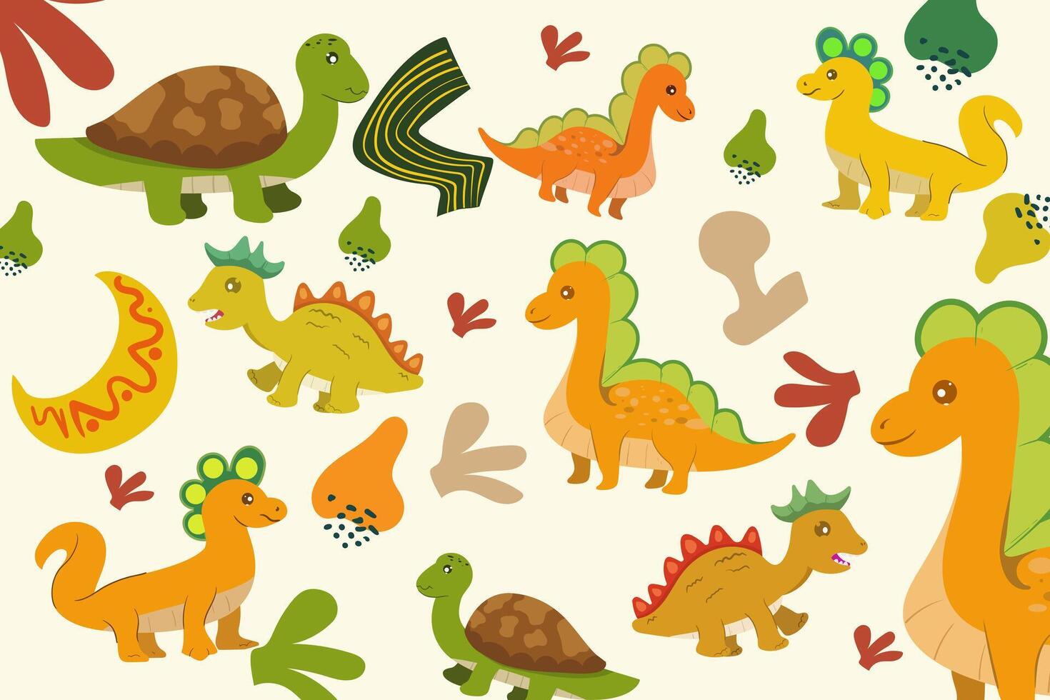 Hand drawn Random pattern with dinosaurs and abstract shapes. Colorful Cute Dino cartoon design. Perfect for kids fabric, textile, nursery wallpaper, clothes print template. vector
