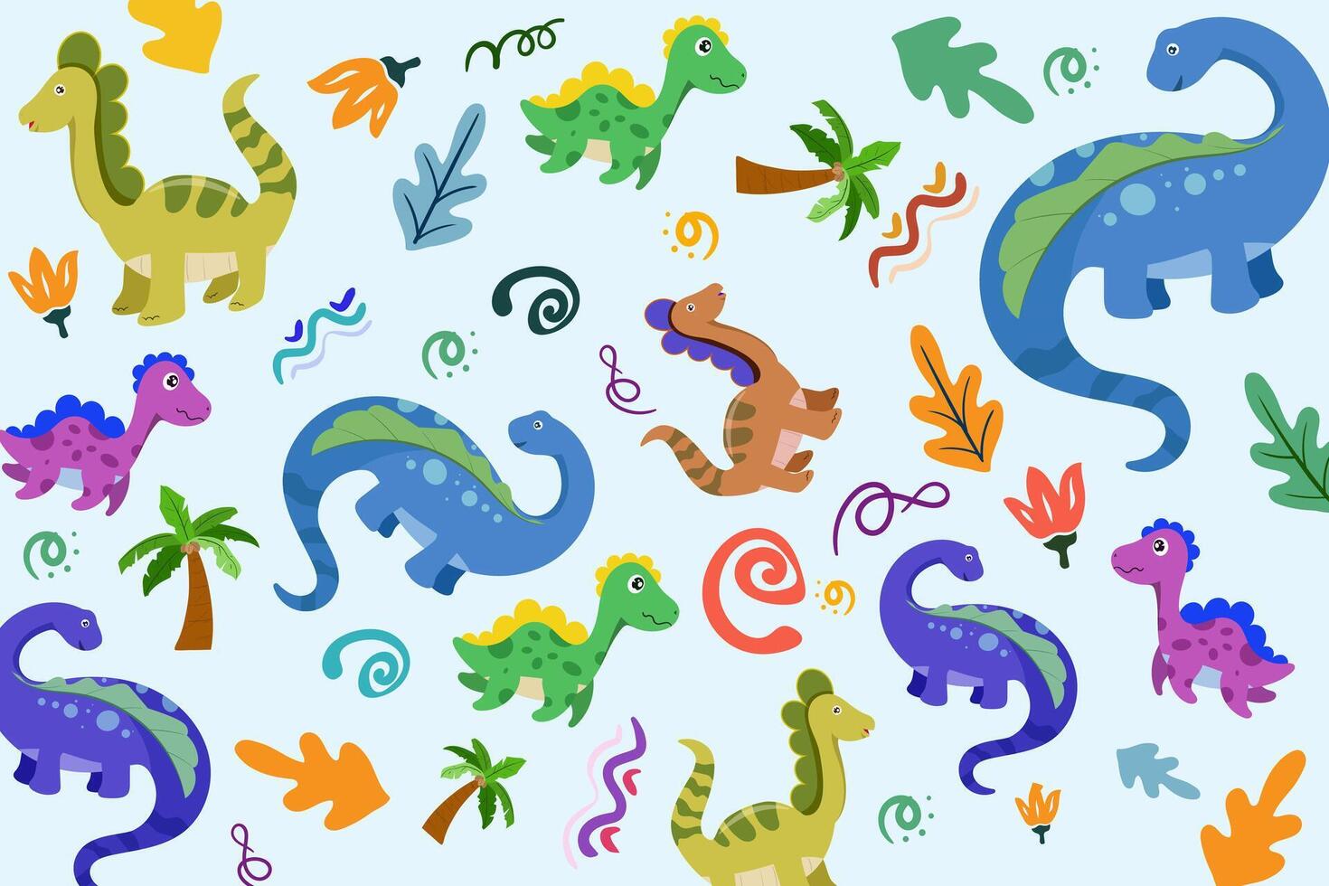 Hand drawn Random pattern with dinosaurs and abstract shapes. Colorful Cute Dino cartoon design. Perfect for kids fabric, textile, nursery wallpaper, clothes print template. vector