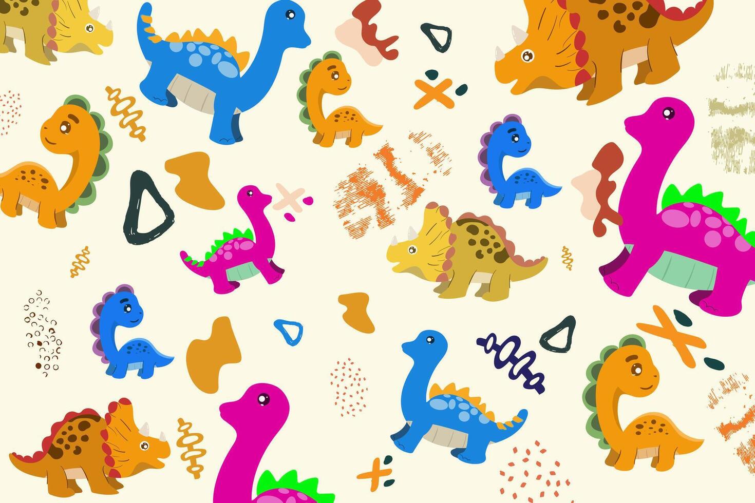Hand drawn Random pattern with dinosaurs and abstract shapes. Colorful Cute Dino cartoon design. Perfect for kids fabric, textile, nursery wallpaper, clothes print template. vector