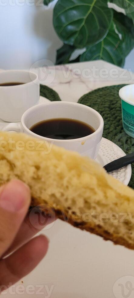 breakfast with artisanal breads and drinks photo