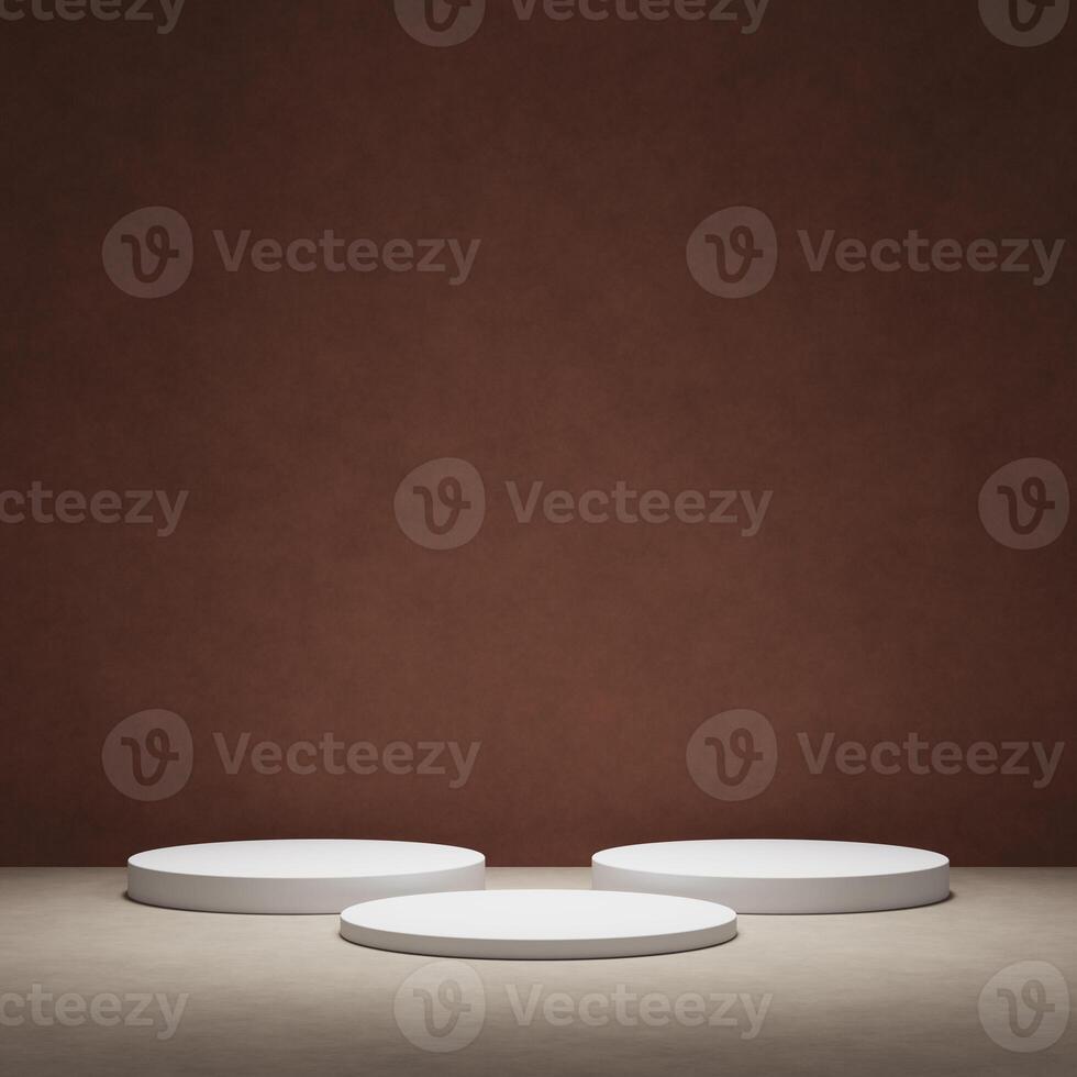 Minimal brown podium for product showcase. Cylinder shapes pedestal. Dark background display. photo