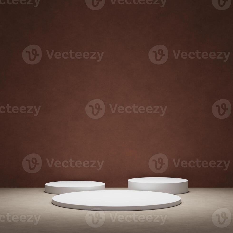 Minimal brown podium for product showcase. Cylinder shapes pedestal. Dark background display. photo