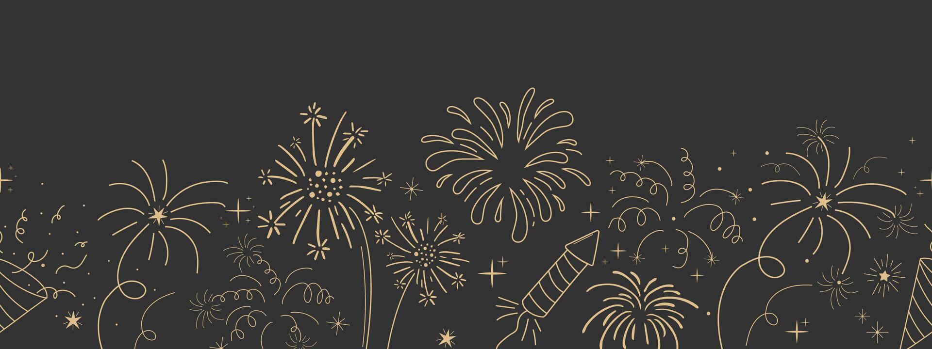 Fireworks festive explosion golden bursts, sparks in doodle style seamless pattern border. Holiday celebration decoration on dark background. vector
