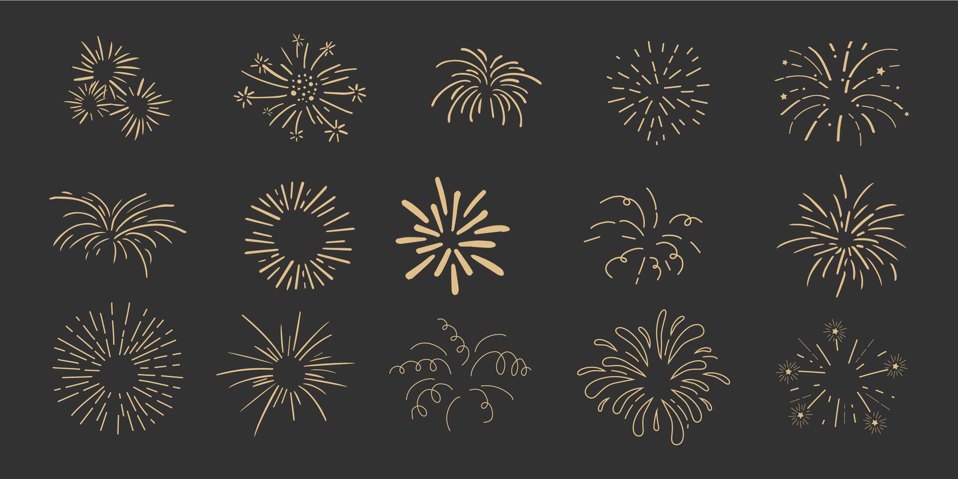 Set gold fireworks, firecrackers golden burst, rays festive doodle sparkle lights isolated on dark background.Celebration, Party Icon, Anniversary, New Year Eve, independence vector