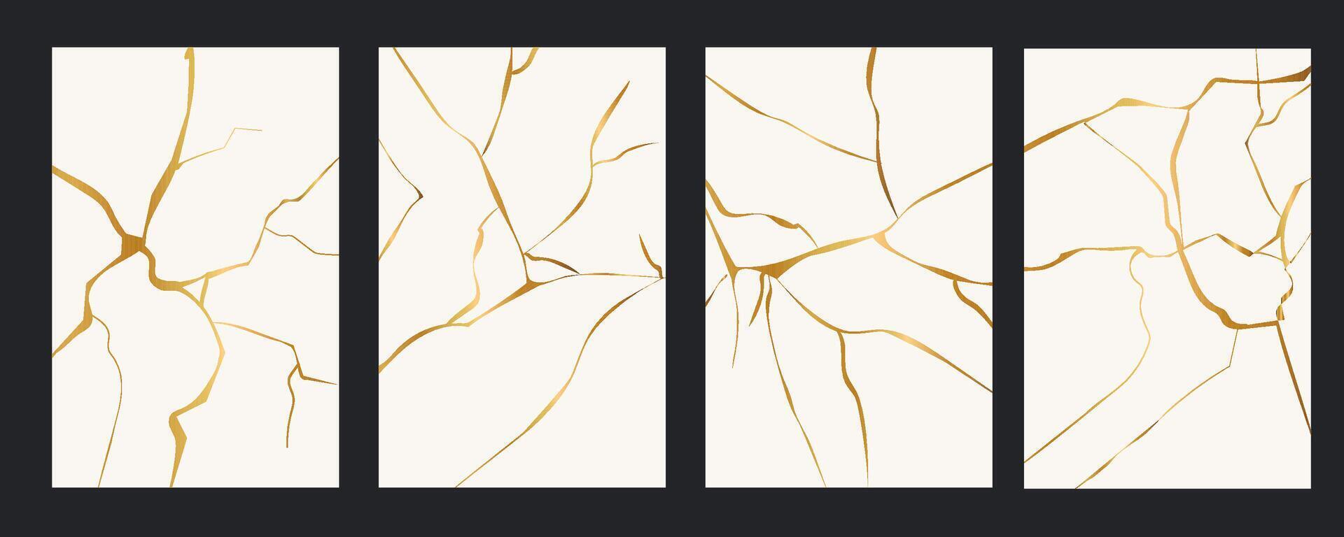 Kintsugi gold simple break lines, asian geaometric crackle. Surface with crack print, effect. Moderm cover golden broken texture. vector