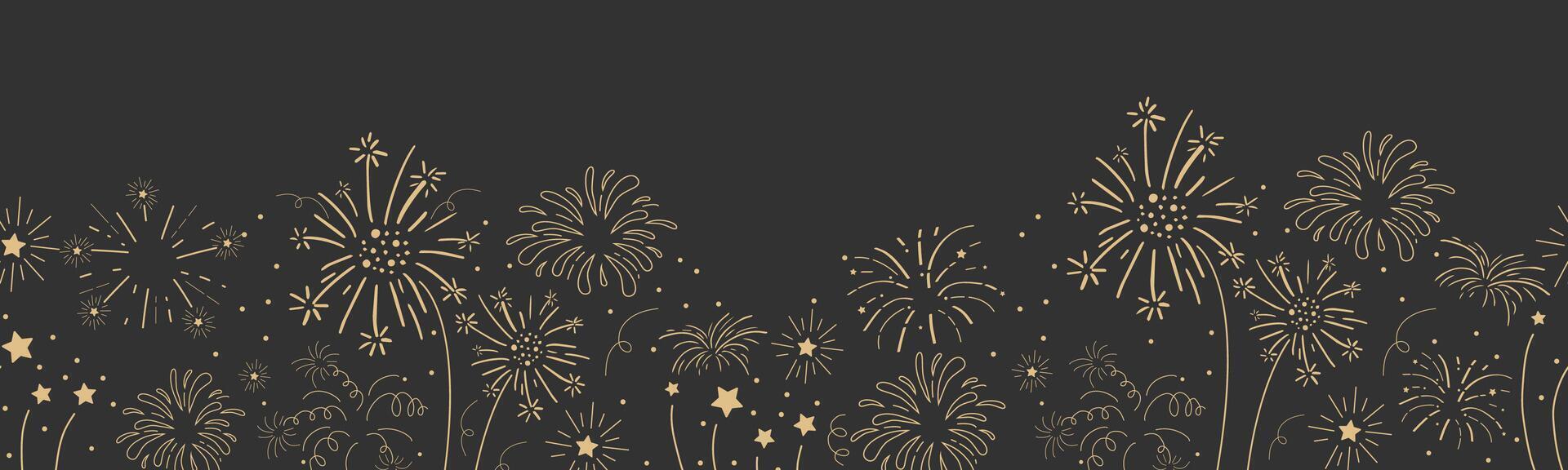 Fireworks festive explosion golden bursts, sparks in doodle style seamless pattern border. Holiday celebration decoration on dark background. vector