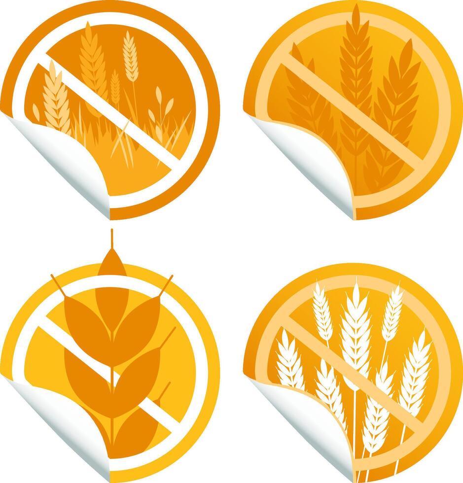 Gluten free food label stickers. Gluten free icon set with grain or wheat symbol. Food allergy sign. Illustration collection vector